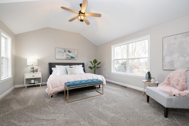 bedroom featuring carpet flooring, ceiling fan, lofted ceiling, and multiple windows