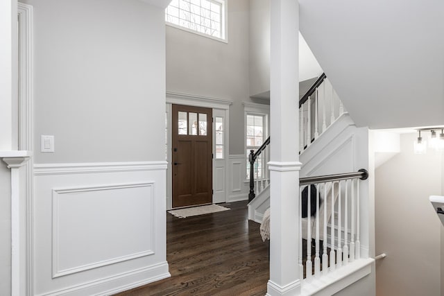 foyer with dark hardwood / wood-style flooring and a high ceiling