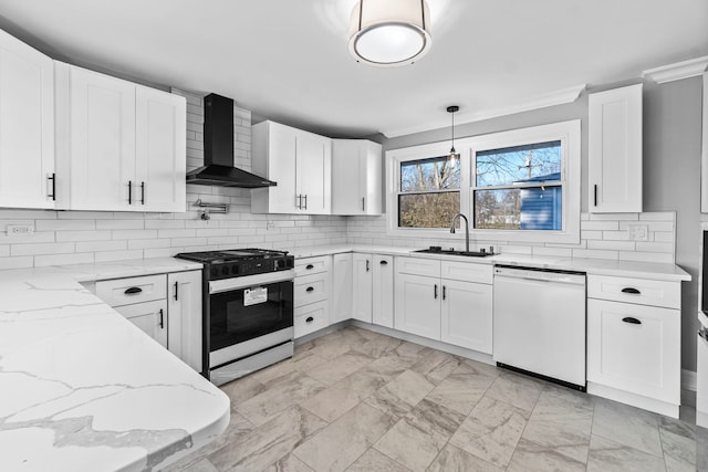 kitchen featuring sink, wall chimney exhaust hood, stainless steel gas range oven, white dishwasher, and white cabinets