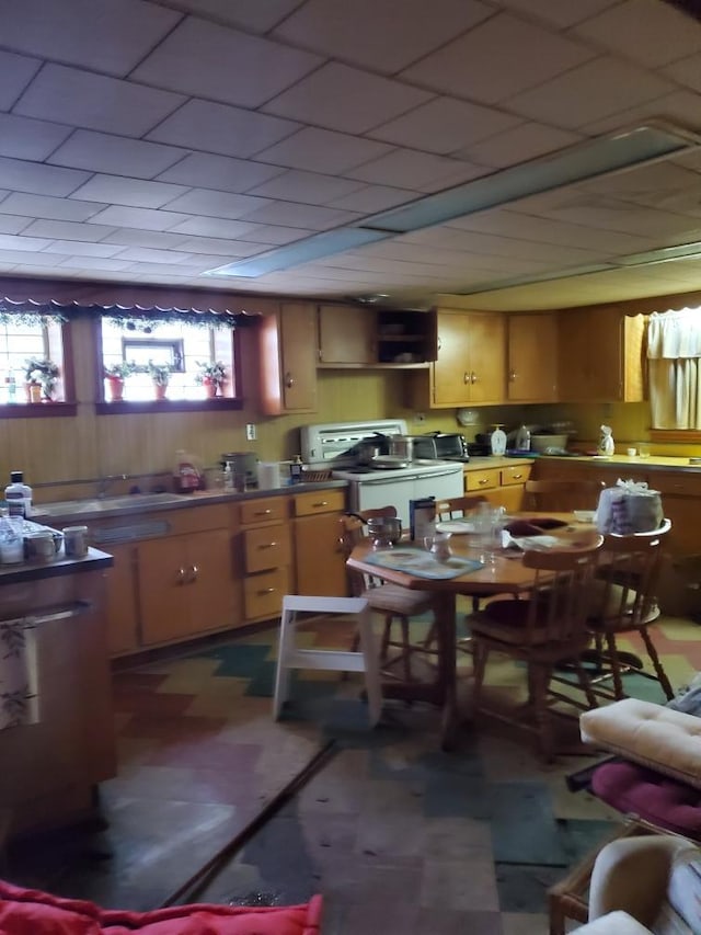 kitchen featuring a paneled ceiling, stainless steel counters, and white stove