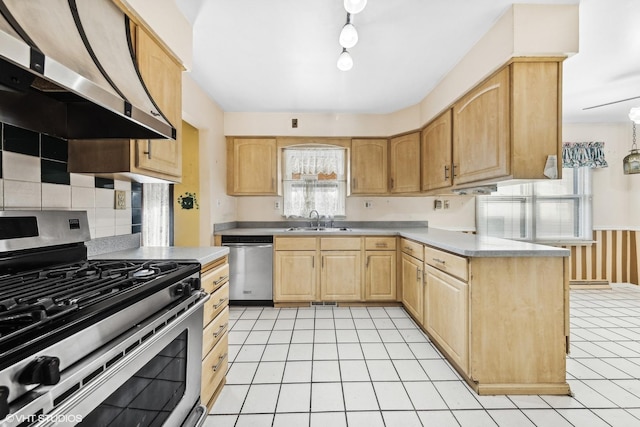 kitchen featuring exhaust hood, appliances with stainless steel finishes, sink, and light brown cabinets