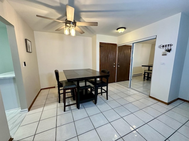 tiled dining room featuring ceiling fan