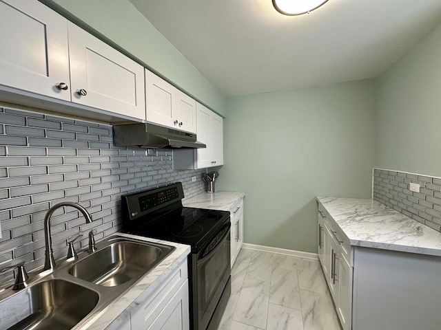 kitchen with white cabinets, decorative backsplash, sink, and black / electric stove