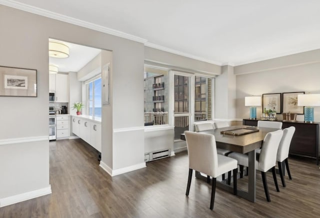 dining area featuring crown molding, a baseboard radiator, and dark hardwood / wood-style floors