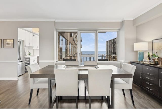 dining room featuring ornamental molding, a water view, sink, and dark hardwood / wood-style floors