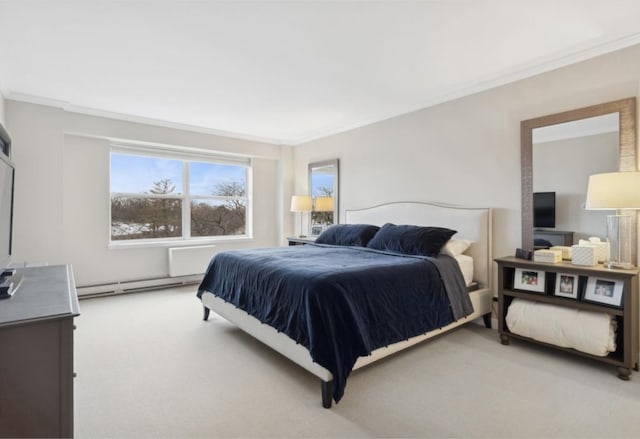 carpeted bedroom featuring a baseboard radiator and ornamental molding