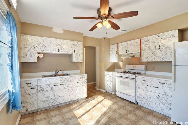 kitchen featuring white cabinets, white appliances, ceiling fan, and sink