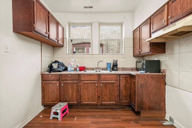 kitchen featuring tasteful backsplash, dark hardwood / wood-style flooring, and sink