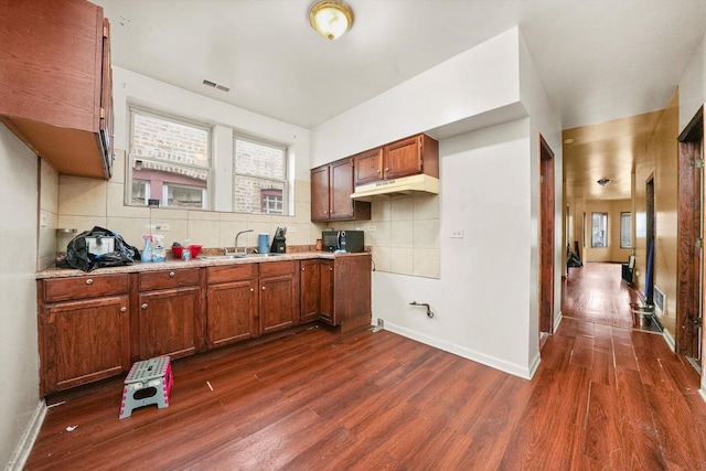 kitchen with decorative backsplash, dark hardwood / wood-style floors, and sink