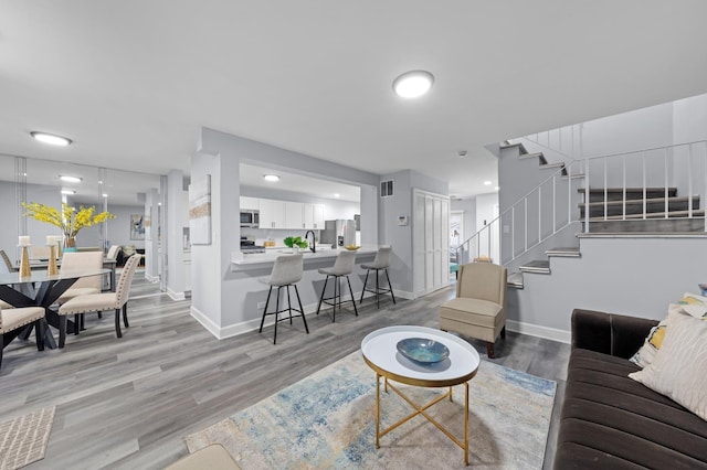 living room featuring hardwood / wood-style floors and sink