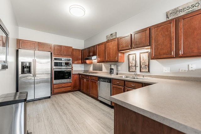 kitchen featuring stainless steel appliances, sink, and light hardwood / wood-style flooring