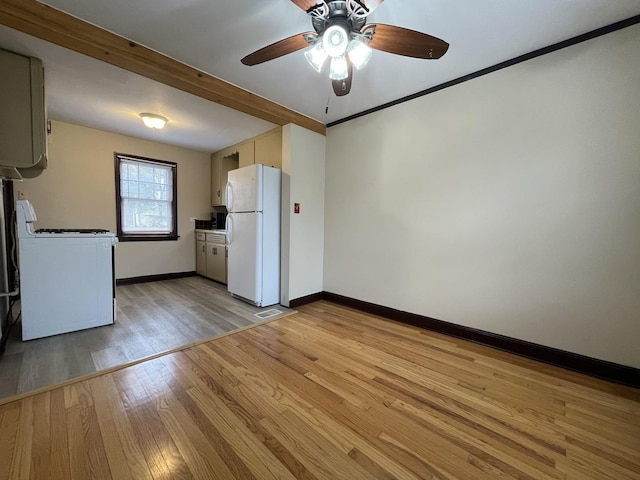 kitchen with ceiling fan, light hardwood / wood-style flooring, and white appliances