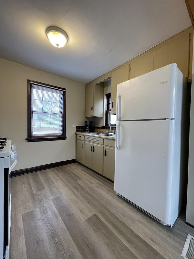 kitchen with cream cabinets, light hardwood / wood-style floors, and white appliances