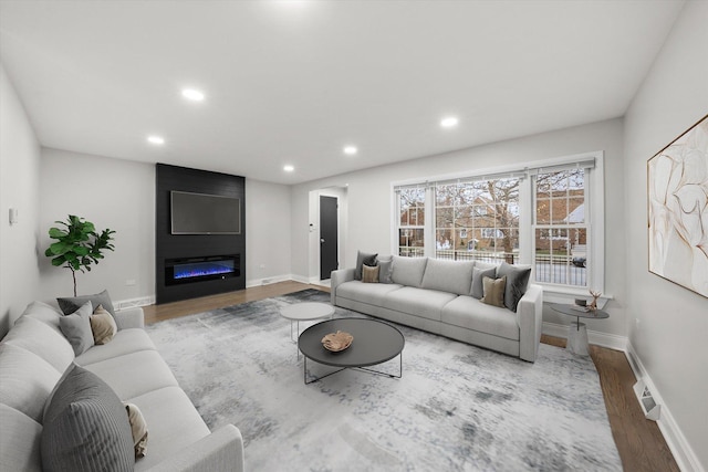 living room with hardwood / wood-style floors and a large fireplace