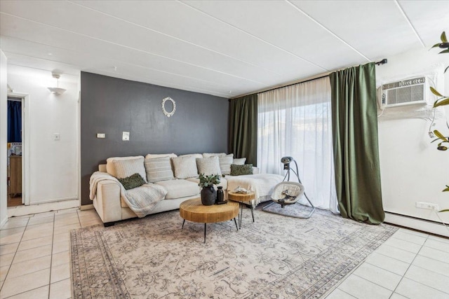 living room with baseboard heating, tile patterned floors, and a wall mounted AC