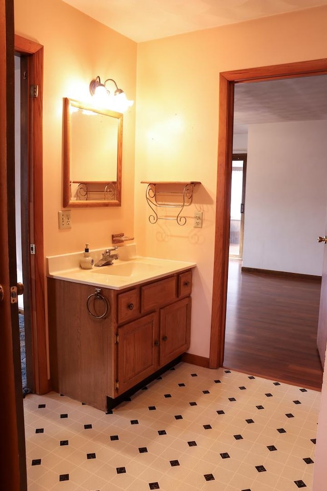 bathroom with vanity and wood-type flooring