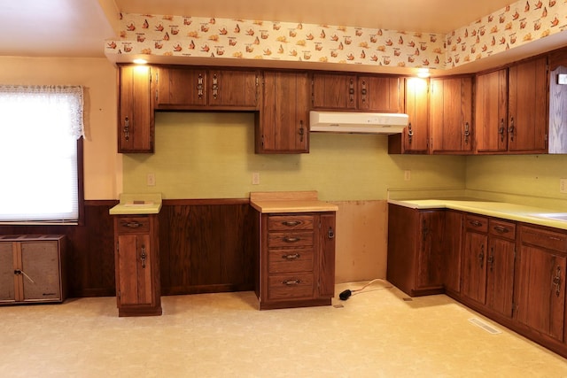 401 Ash Ave, Morrison, IL 61270 - kitchen featuring under cabinet range hood, light floors, a wainscoted wall, wallpapered walls, and brown cabinetry