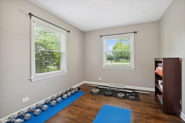 workout area with plenty of natural light and dark wood-type flooring