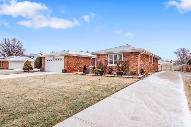 single story home with a shed and a front lawn