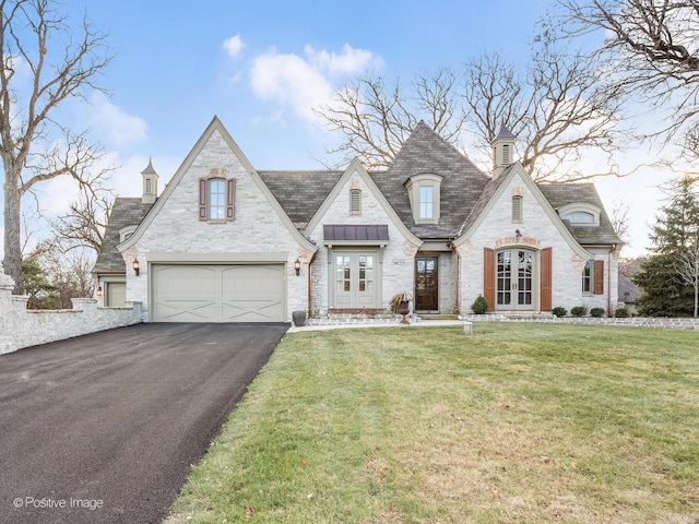 french provincial home with french doors, a garage, and a front lawn