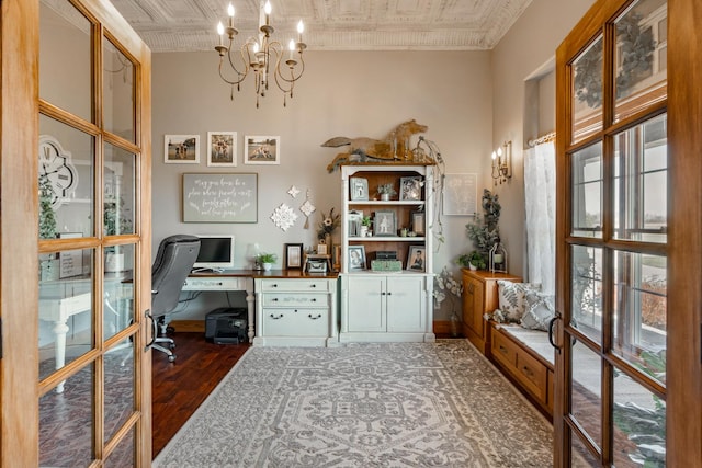 office area with an inviting chandelier, an ornate ceiling, baseboards, and dark wood-type flooring