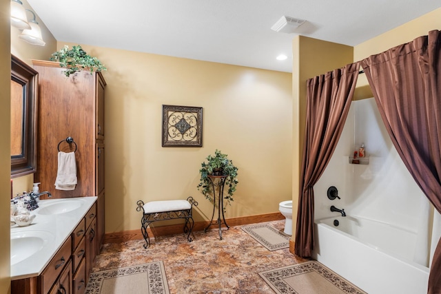 full bath with double vanity, baseboards, visible vents, shower / bath combination with curtain, and a sink