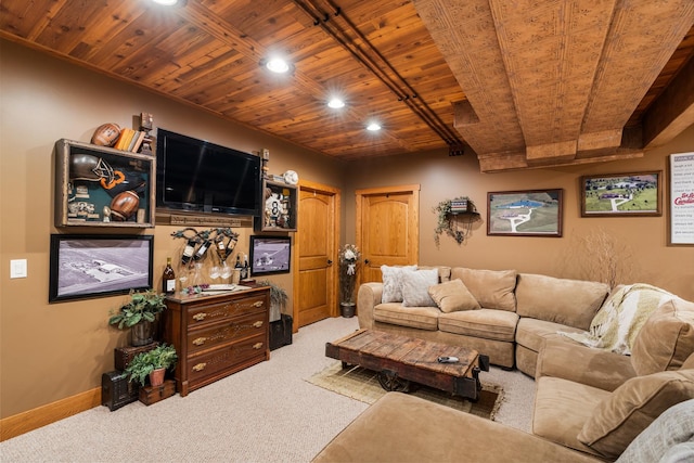 carpeted living area featuring wood ceiling, baseboards, and recessed lighting