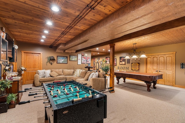 playroom with wood ceiling, beam ceiling, carpet flooring, and recessed lighting