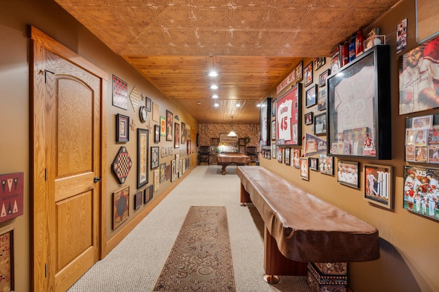 rec room with carpet, wooden ceiling, pool table, and recessed lighting