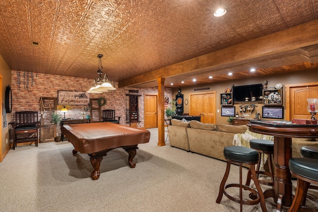 playroom featuring brick wall, a dry bar, carpet flooring, and an ornate ceiling