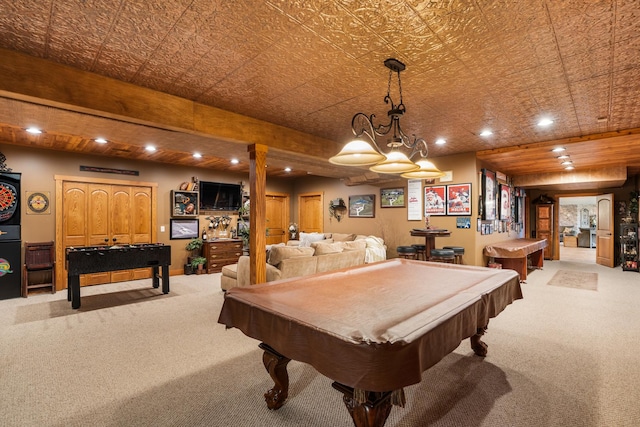 rec room with light carpet, billiards, an ornate ceiling, and recessed lighting