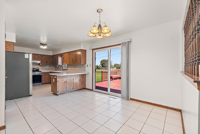 kitchen with kitchen peninsula, tasteful backsplash, stainless steel appliances, sink, and pendant lighting