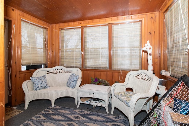 living area with wooden walls and wood ceiling