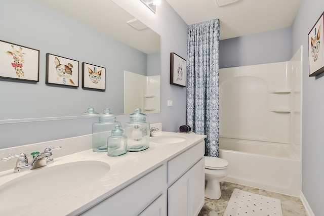 full bathroom with tile patterned floors, vanity, toilet, and shower / bath combo with shower curtain