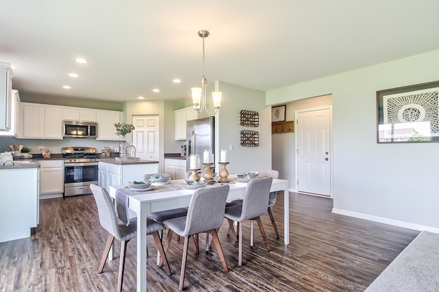 dining room with dark hardwood / wood-style flooring and a notable chandelier