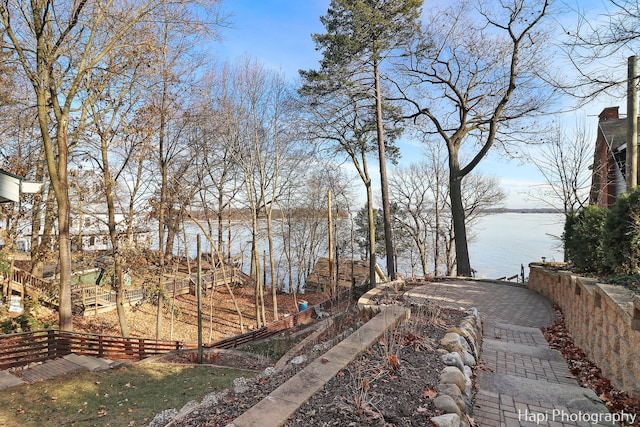 view of yard with a water view