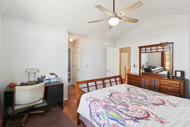 bedroom featuring ceiling fan, vaulted ceiling, dark carpet, and a closet