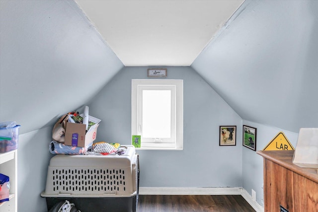 bedroom with lofted ceiling and dark hardwood / wood-style floors