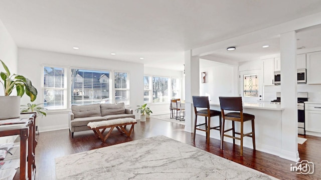 living room with dark wood-type flooring