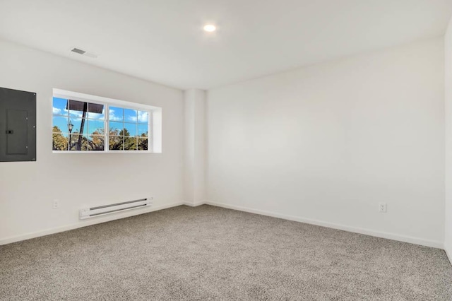 unfurnished room with carpet flooring, electric panel, and a baseboard radiator