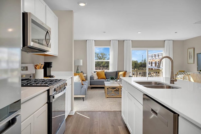 kitchen with dark hardwood / wood-style flooring, white cabinets, stainless steel appliances, and sink