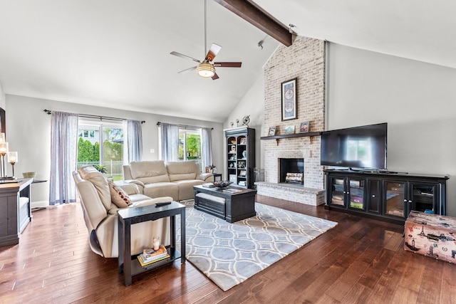 living room with a fireplace, beam ceiling, wood-type flooring, and high vaulted ceiling