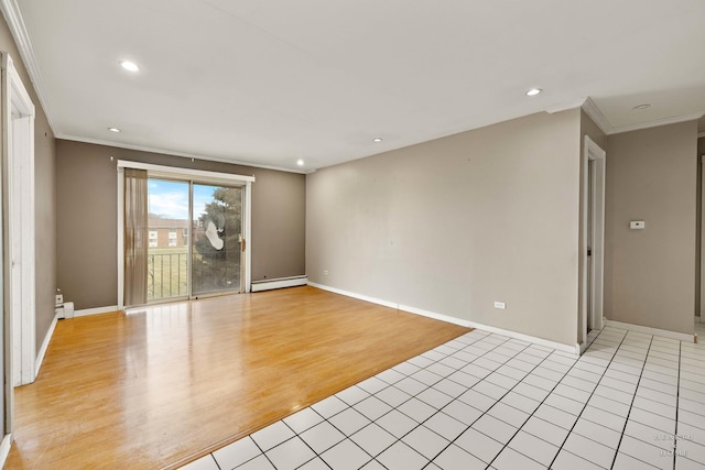 empty room with light hardwood / wood-style floors, crown molding, and a baseboard radiator