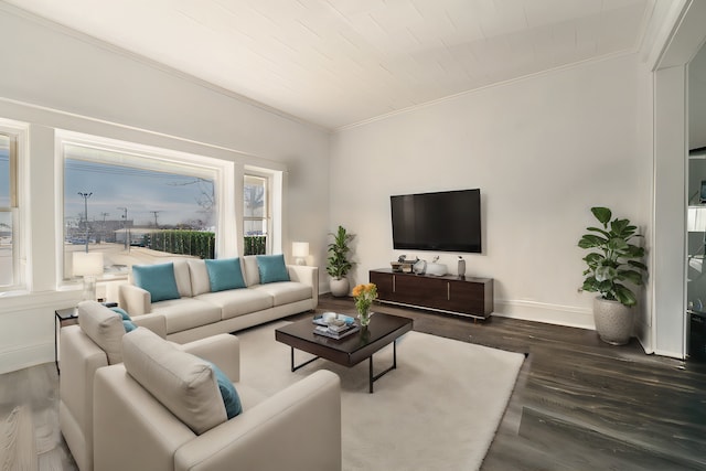 living room with crown molding and dark hardwood / wood-style floors