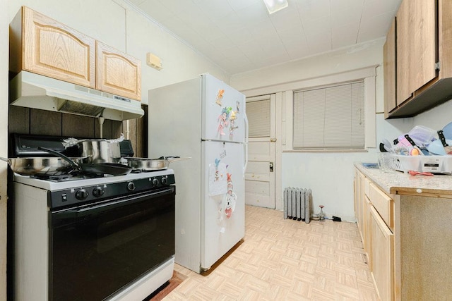 kitchen with white appliances, crown molding, light brown cabinets, radiator heating unit, and light parquet flooring