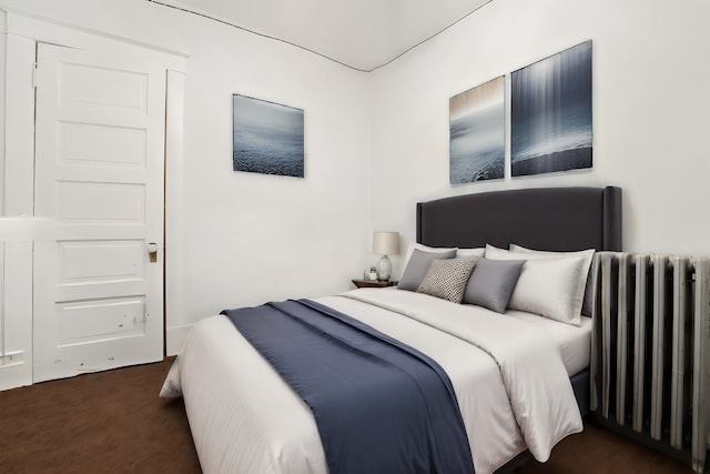 bedroom with radiator heating unit and dark carpet