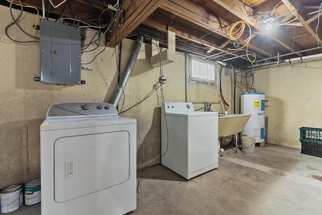 clothes washing area with independent washer and dryer, electric panel, and water heater