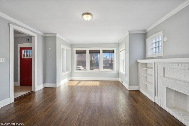 unfurnished living room featuring ornamental molding, a brick fireplace, and a healthy amount of sunlight