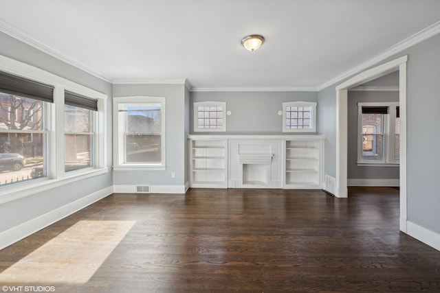 unfurnished living room featuring a fireplace, dark hardwood / wood-style floors, and crown molding