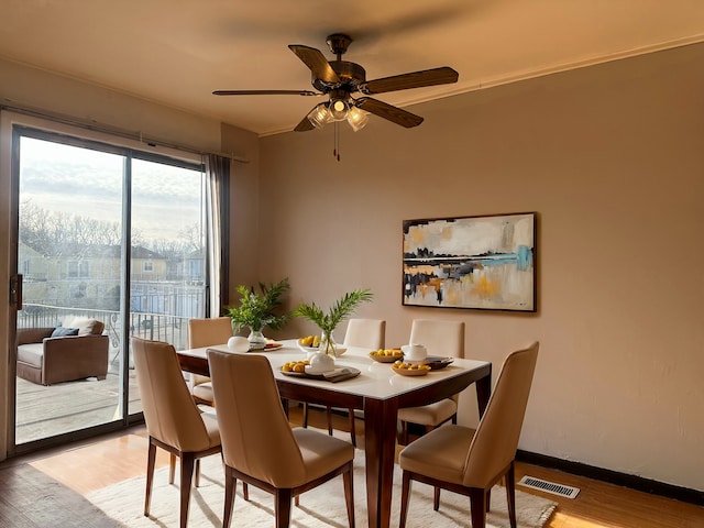 dining area with ceiling fan and light hardwood / wood-style floors